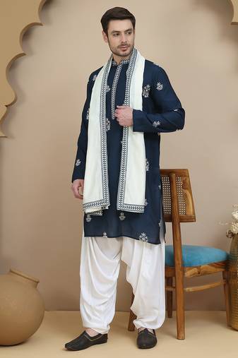 Blue teal embroidered kurta salwar and dupatta set for men