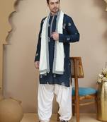 Blue teal embroidered kurta salwar and dupatta set for men