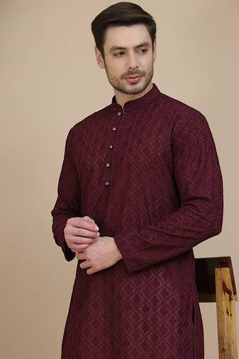 Purple embroidered cotton kurta with pyjama for men