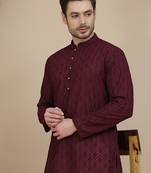Purple embroidered cotton kurta with pyjama for men