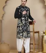 Black embroidered silk blend kurta with salwar for men