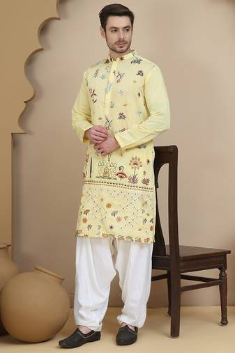 Yellow embroidered silk blend kurta with white salwar for men