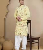 Yellow embroidered silk blend kurta with white salwar for men