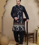 Blue embroidered silk blend kurta with white salwar for men