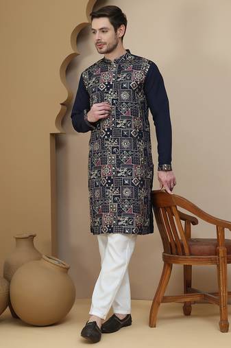 Blue embroidered straight kurta set for men