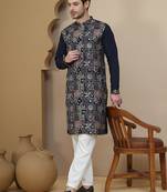 Blue embroidered straight kurta set for men