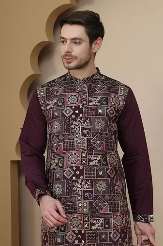 Purple embroidered straight kurta set for men