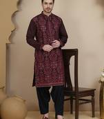 Purple embroidered silk blend kurta with salwar for men
