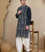 Blue embroidered silk blend kurta with salwar for men