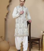 White embroidered silk blend kurta with salwar for men