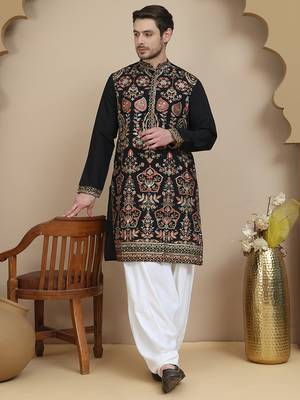 Black floral embroidered straight kurta with salwar  for men 1