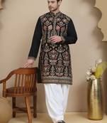 Black floral embroidered straight kurta with salwar  for men