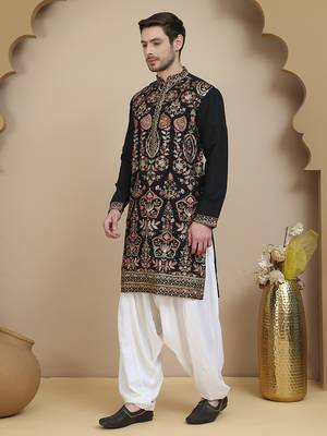 Black floral embroidered straight kurta with salwar  for men 2