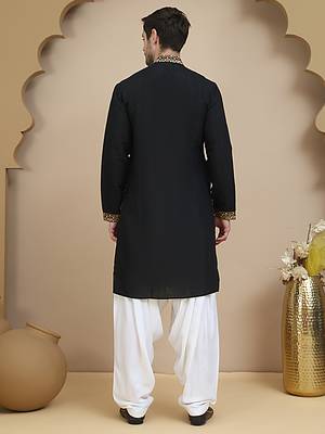 Black floral embroidered straight kurta with salwar  for men 3