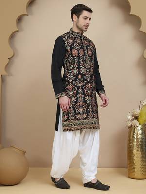 Black floral embroidered straight kurta with salwar  for men 4