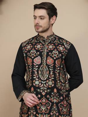 Black floral embroidered straight kurta with salwar  for men 5