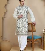 White floral embroidered straight kurta with salwar  for men