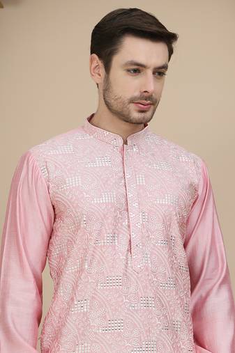 Pink embroidered silk blend kurta set for men