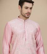 Pink embroidered silk blend kurta set for men