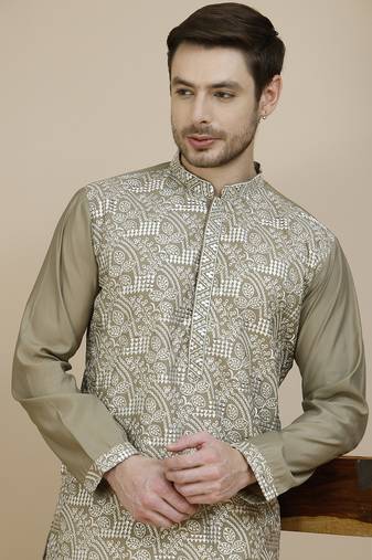 Beige embroidered silk blend kurta set for men