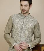 Beige embroidered silk blend kurta set for men