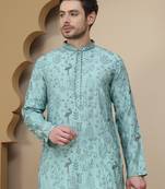 Blue embroidered silk blend kurta set for men