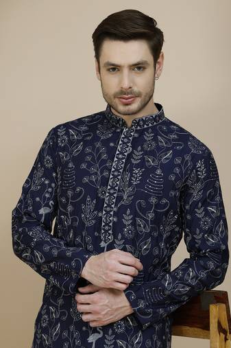 Blue embroidered silk blend kurta set for men
