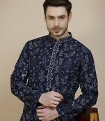 Blue embroidered silk blend kurta set for men