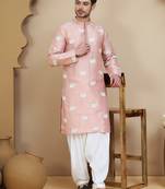Pink elephant embroidered silk blend kurta set for men