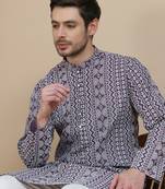 Purple geometric print silk blend straight kurta set for men