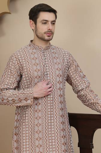 Brown geometric print silk blend straight kurta set for men