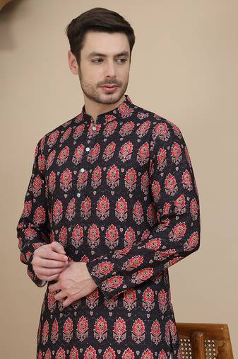 Black printed silk blend straight kurta set for men