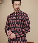Black printed silk blend straight kurta set for men