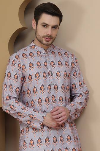 Grey printed silk blend straight kurta set for men