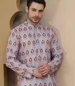 Grey printed silk blend straight kurta set for men