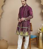 Purple floral printed purple cotton blend kurta set with dupatta for men