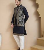 Blue embroidered waistcoat and kurta pyjama for men
