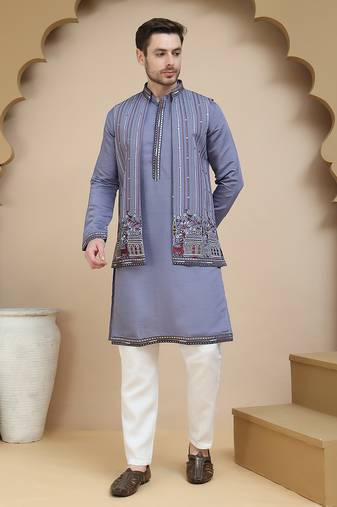 Purple embroidered waistcoat and kurta pyjama for men