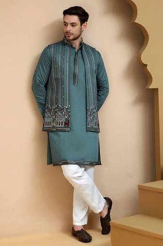 Green embroidered waistcoat and kurta pyjama for men