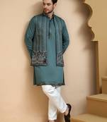 Green embroidered waistcoat and kurta pyjama for men