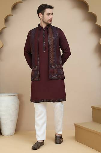Red embroidered waistcoat and kurta pyjama for men