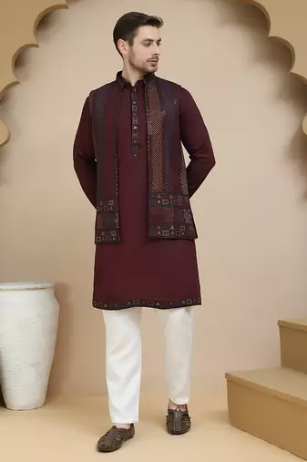 Red embroidered waistcoat and kurta pyjama for men