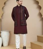 Red embroidered waistcoat and kurta pyjama for men