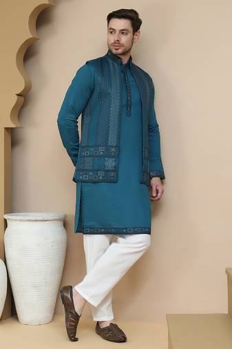 Blue embroidered waistcoat and kurta pyjama for men