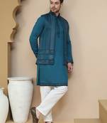 Blue embroidered waistcoat and kurta pyjama for men