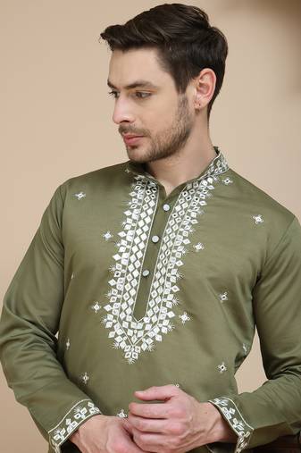 Green embroidered kurta with pyjama for men