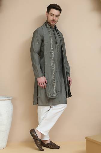 Grey embroidered & sequin kurta pyjama with dupatta  for men