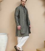 Grey embroidered & sequin kurta pyjama with dupatta  for men