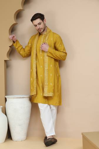 Yellow embroidered & sequin kurta pyjama with dupatta  for men