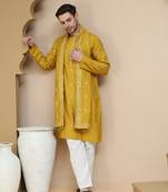 Yellow embroidered & sequin kurta pyjama with dupatta  for men